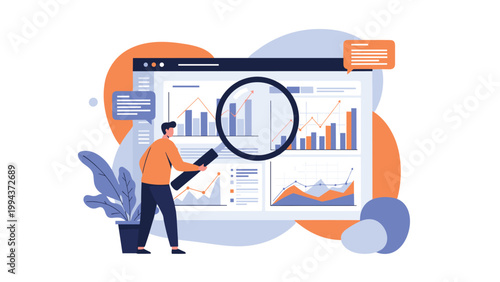 Data analyst uses a large magnifying glass to examine various charts, graphs, and statistics on a computer monitor.