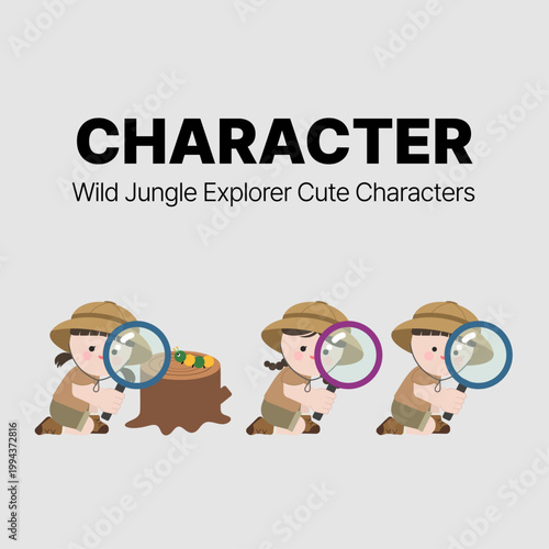 정글 탐험가 옷을 입고 돋보기로 애벌레를 관찰하는 어린이 캐릭터