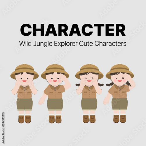 정글 탐험가 옷을 입고 야호 외치는 캐릭터와 멀리 내다보는 캐릭터