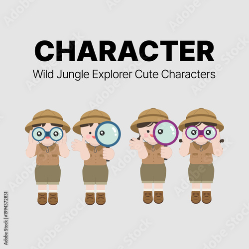 정글 탐험가 옷을 입고 돋보기와 망원경으로 호기심있게 바라보는 캐릭터
