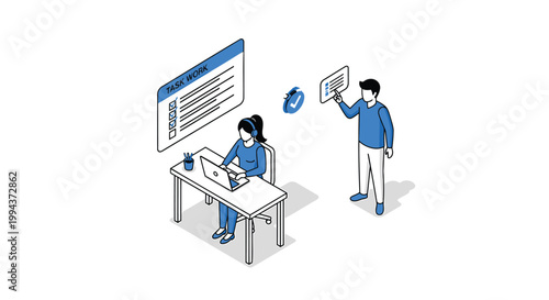 Isometric office workers, business team, collaboration, communication, flat design