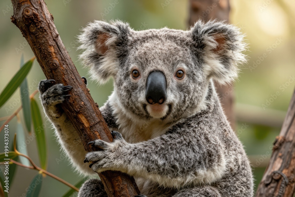 Obraz premium Koala Clinging to Eucalyptus Branch in Forest