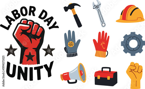 Labor Day Unity Concept with Industrial Worker Tools, Raised Fist Symbol, and Construction Equipment Flat Vector Icons on White Background