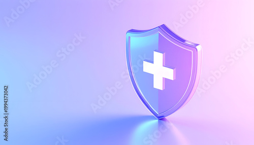 A vibrant, abstract image showcases a glowing shield icon with a prominent medical cross symbol against a gradient purple and blue background, representing protection and healthcare.