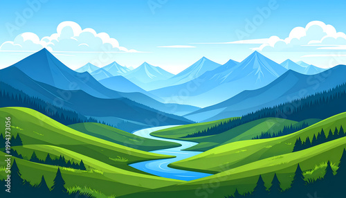 A vibrant illustration depicts a serene mountain landscape with rolling green hills, a winding river, and majestic blue peaks under a bright, cloud-dotted sky.