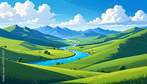 A vibrant landscape showcases rolling green hills, a winding river, and majestic mountains under a bright sky dotted with fluffy white clouds.