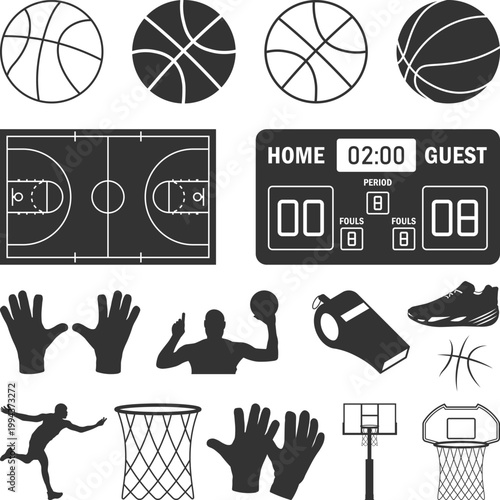 Basketball icons set Silhouettes, Basketball Custom Logo, Basketball Hoop svg vector Illustration, Basketballs Court minimalist sports equipment, Cut files for your crafting