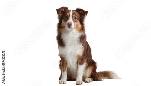 Foto Brown white fluffy Australian Shepherd puppy sitting attentively