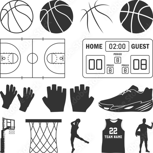 Basketball icons set Silhouettes, Basketball Custom Logo, Basketball Hoop svg vector Illustration, Basketballs Court minimalist sports equipment, Cut files for your crafting