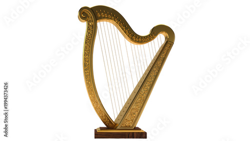 Canvas Print Ornate golden Celtic harp with strings on wooden base