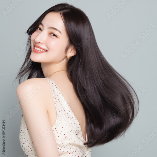Naklejka 艶のある黒髪の日本人女性、ヘアケア、ヘアサロン、ロングヘア