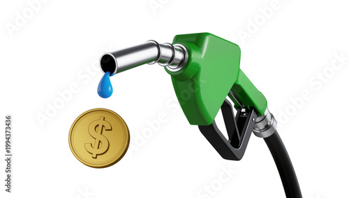 Konstfotografi Green Fuel Nozzle Dispensing Blue Liquid with Gold Dollar Coin