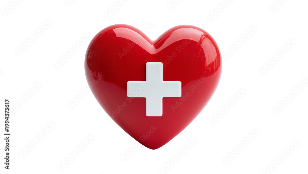 Obraz premium Red glossy heart shape with white medical cross symbol