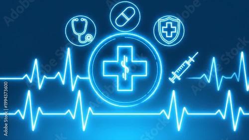 3d medical cross icon glowing in digital network with heartbeat lines futuristic healthcare technology concept