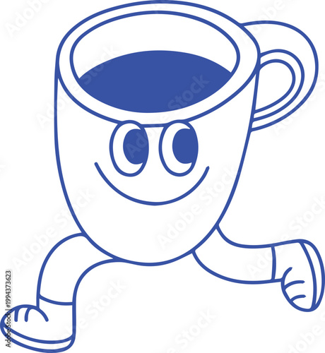 Retro cartoon coffee cup character with legs, vintage mascot walking mug illustration, blue line art beverage mascot vector for cafe branding