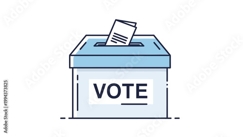 Detailed blue and white ballot box with a paper being cast for an election featuring the word vote in a clean flat design.