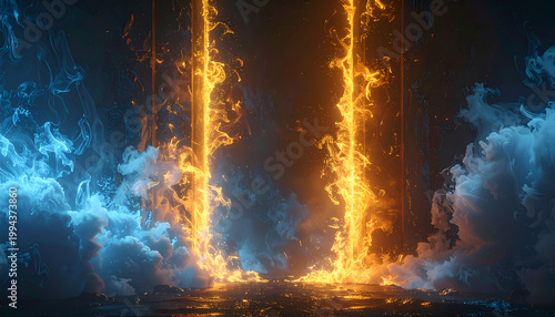 A surreal and dramatic digital artwork depicts vibrant flames rising from a misty, dark landscape, creating a captivating contrast of light and shadow.