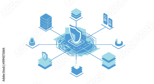 Network infrastructure, cloud computing, server icons, cybersecurity, data center, vector graphics