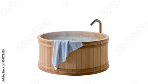 Foto Wooden round hot tub with blue towel and metal faucet