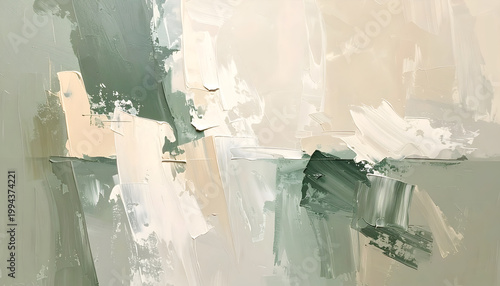An abstract painting features textured brushstrokes in muted green, beige, and white tones, creating a dynamic and layered composition.