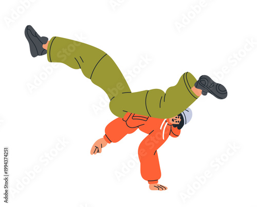 Breakdance performance. Hip-hop dancer breaking in one-hand freeze pose, performing freestyle handstand. Break dance performer. Hiphop movement. Flat vector illustration isolated on white background