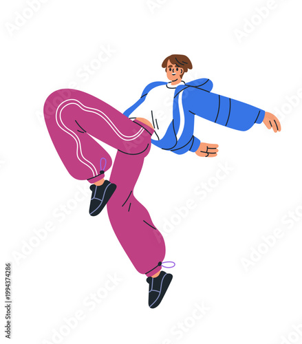 Hip-hop dancer dancing breakdance. Young man during hiphop performance, dynamic flying pose. Breakdancer jumping in air, freestyle move. Flat vector illustration isolated on white background