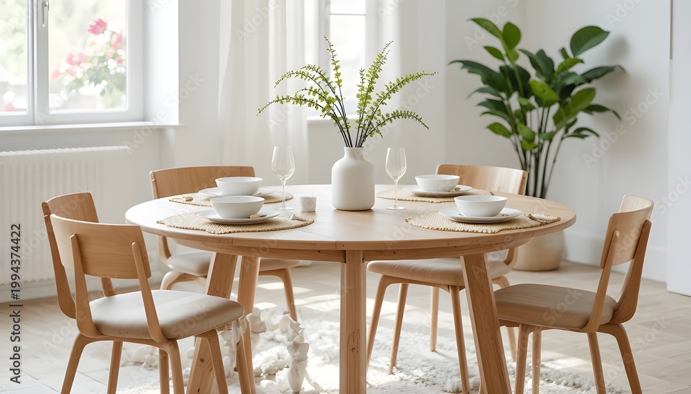 Fototapeta premium Round Dining Table With Décor A round wooden dining table decorated with a small plant vase, stylish place mats, Scandinavian interior, bright natural light, simple and aesthetic background, professio