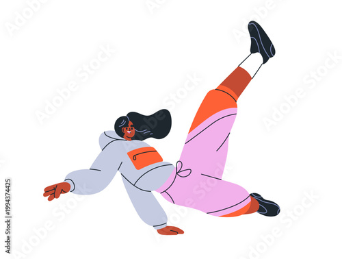 Girl performing breakdance movement with leg kick out. Hip-hop dancer, performer during floorwork performance. Young woman dancing hiphop. Flat vector illustration isolated on white background