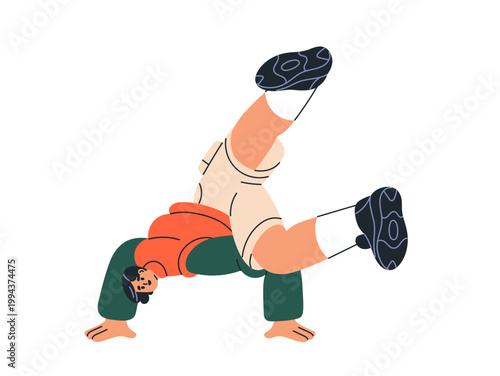 Breakdance performance. Hip-hop dancer, performer in freestyle movement. Person performing baby freeze. Hiphop, break dance handstand, legs up. Flat vector illustration isolated on white background
