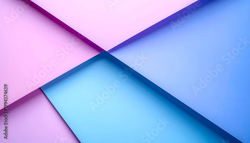 A striking abstract composition features intersecting planes of vibrant pink and blue, creating a dynamic interplay of light and shadow.