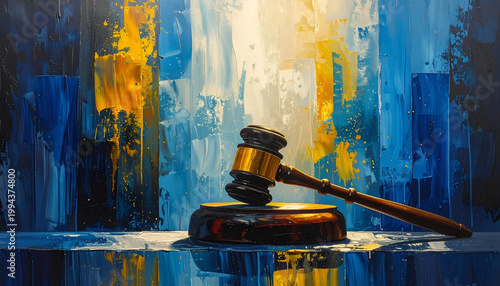 A striking artistic representation of a judge's gavel resting on a reflective surface against a vibrant, textured blue and gold background, symbolizing justice and legal authority.