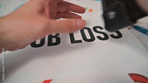 Hands examine a empty wallet while surrounded by symbols of financial strain. A message about job loss is evident, highlighting the consequences on personal finance