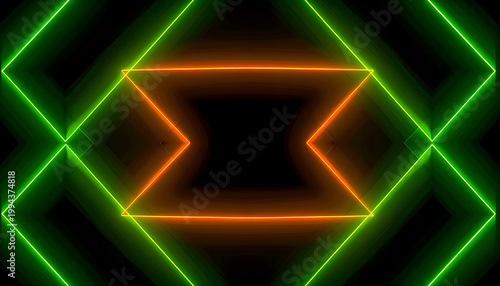 A vibrant abstract composition features intersecting neon green and orange lines forming geometric shapes against a stark black background, creating a dynamic and futuristic visual effect.