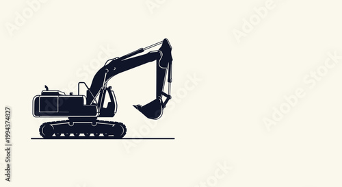 Minimalist silhouette illustration of a large excavator, representing construction, heavy machinery, engineering, and industrial development.