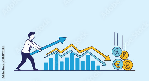 Man attempting to stabilize a fluctuating financial graph while Euro coins fall, symbolizing economic challenge, market instability, and financial crisis.