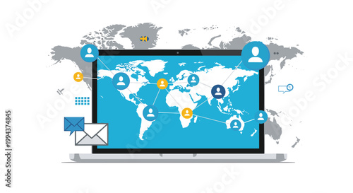 Laptop displaying a world map with interconnected people icons, symbolizing global network, remote work, international communication, and digital collaboration.