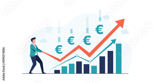 Businessman pulling an upward-trending financial graph with Euro symbols, symbolizing economic growth, investment, and market appreciation in Europe.