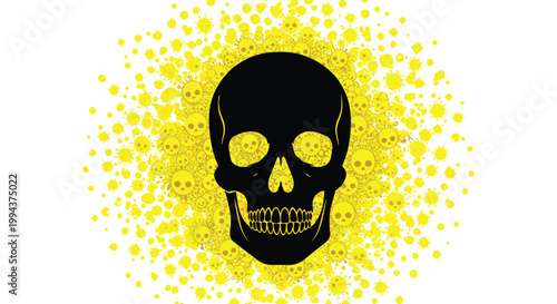 Stark black skull surrounded by numerous yellow virus particles, symbolizing danger, death, pandemic, and a deadly viral threat.
