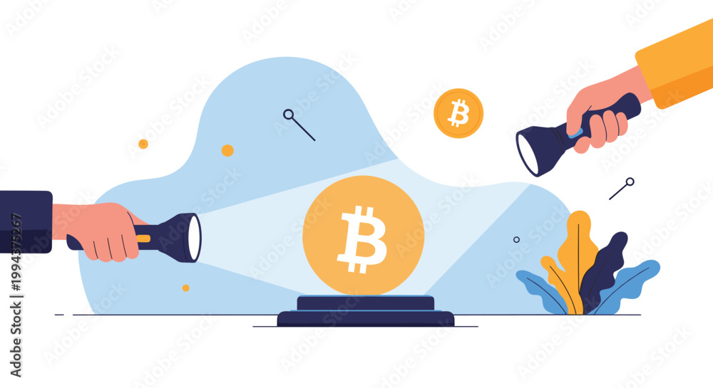Naklejka premium Two hands holding flashlights, brightly illuminating a prominent Bitcoin currency symbol on a pedestal, representing cryptocurrency discovery and investment focus.