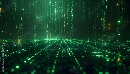 A mesmerizing abstract visualization of cascading green light streams, evoking a sense of digital flow and futuristic technology.