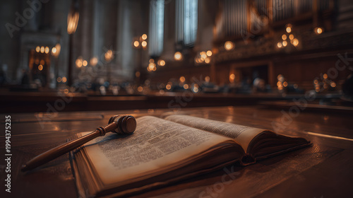 A gavel rests on an open book in a dimly lit courtroom or church