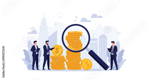 Business people examining stacks of dollar coins with a magnifying glass, symbolizing financial investigation, audit, and wealth management.