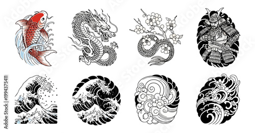 Japanese cultural symbols dragon koi sakura samurai design elements