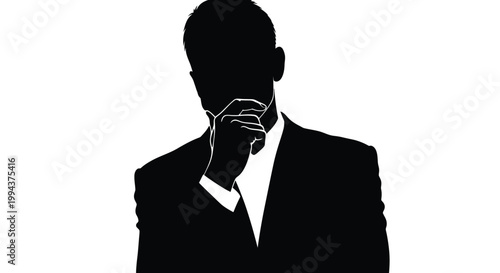 Minimalist black vector graphic illustration of a thoughtful businessman wearing a suit jacket and touching his chin while contemplating a new professional strategy for success