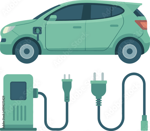 Electric car charging with power station and cables during eco friendly transportation concept