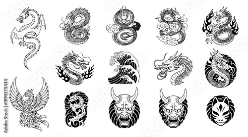 Dragon silhouettes and symbolic creatures against dark background