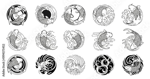Koi fish symbol graphic designs on black background