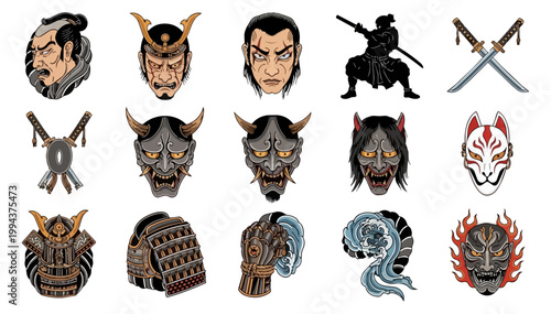 Samurai warrior masks and armor set on black background
