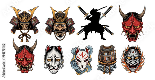 Japanese samurai armor and masks vector illustration set on black background
