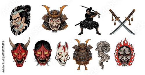 Japanese mask illustrations vector set traditional culture design elements
